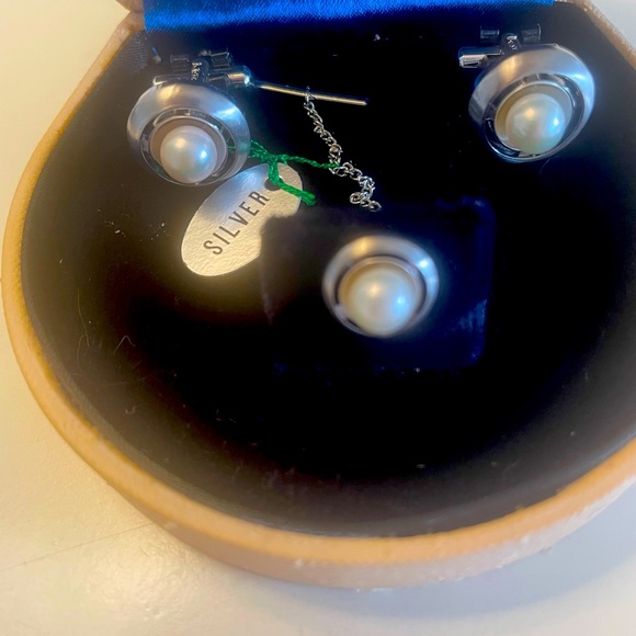 Seibu Pearl Cufflinks and Tie Pin Silver 850 Vintage Japan NWT - Picture 3 of 8